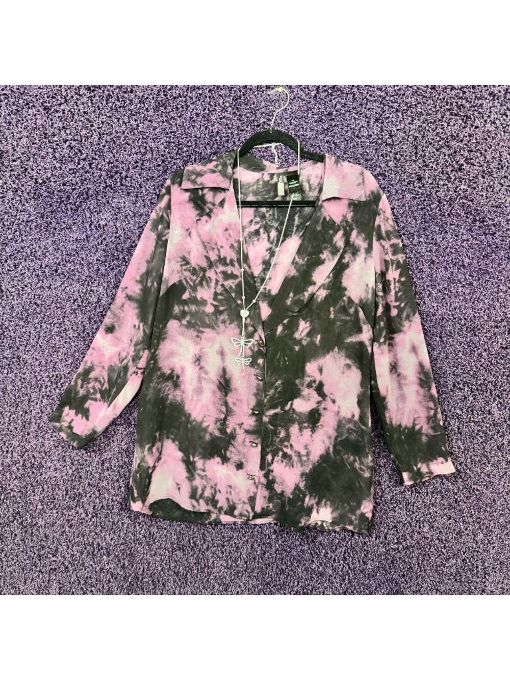 Whimsigoth Purple & Black Tiedye Semi-sheer Button Up size L